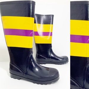 J Crew Navy Yellow Purple Striped Rainboots 8